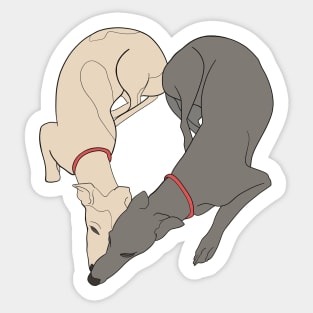 Adorable Greyhound dog design shaped in a heart with the word love inside, with a grey and a fawn greyhound with red collar details Sticker